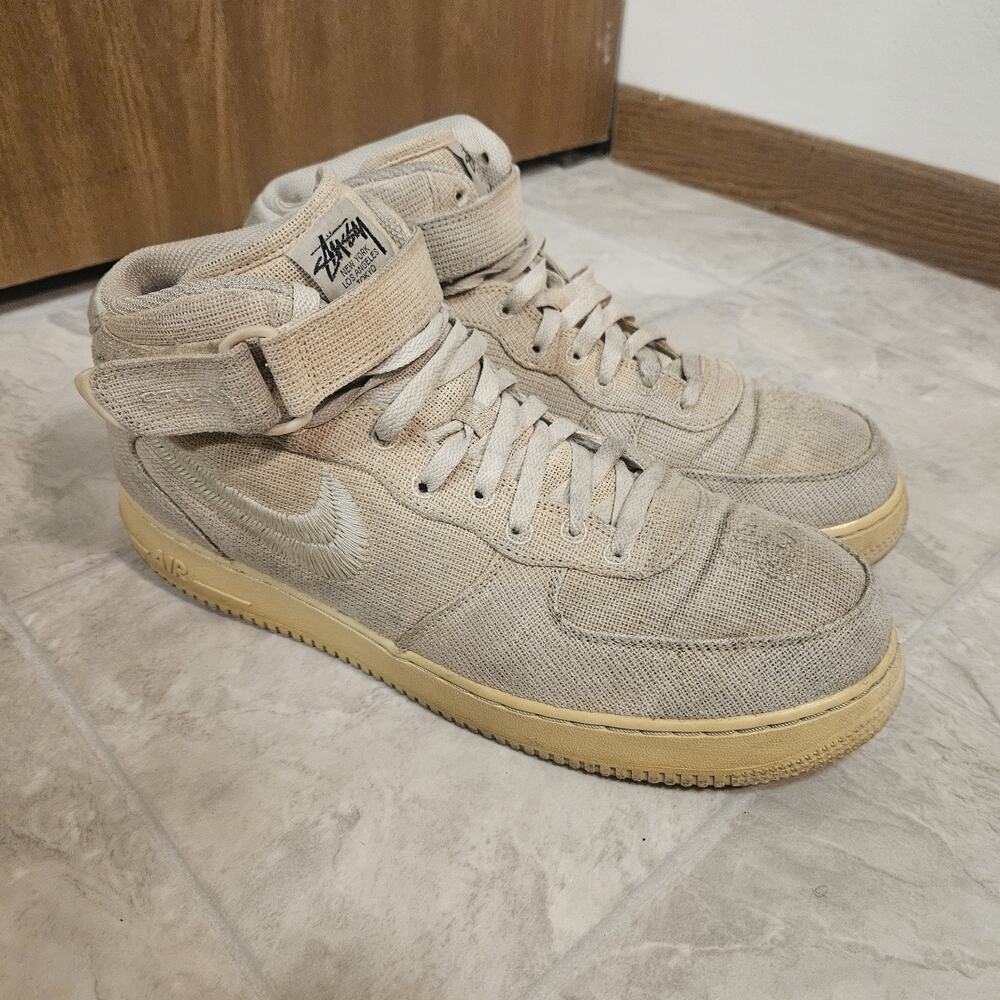Nike x Stussy Air Force 1 Mid Fossil Mens 12 DJ7841-200 Beige Hemp Sneakers
